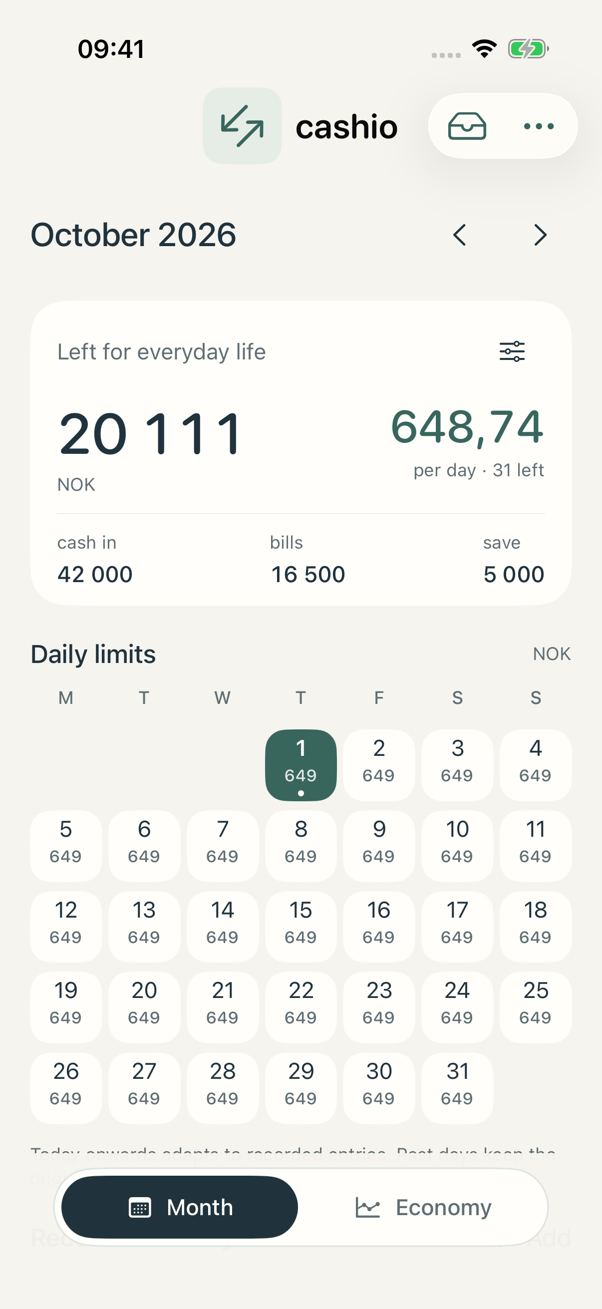 Cashio Month prototype on iPhone with fictional demo amounts